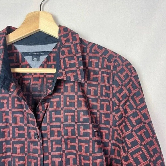Tommy Hilfiger Blue & Red Logo Printed Long Sleeve Button Down L - Picture 3 of 3